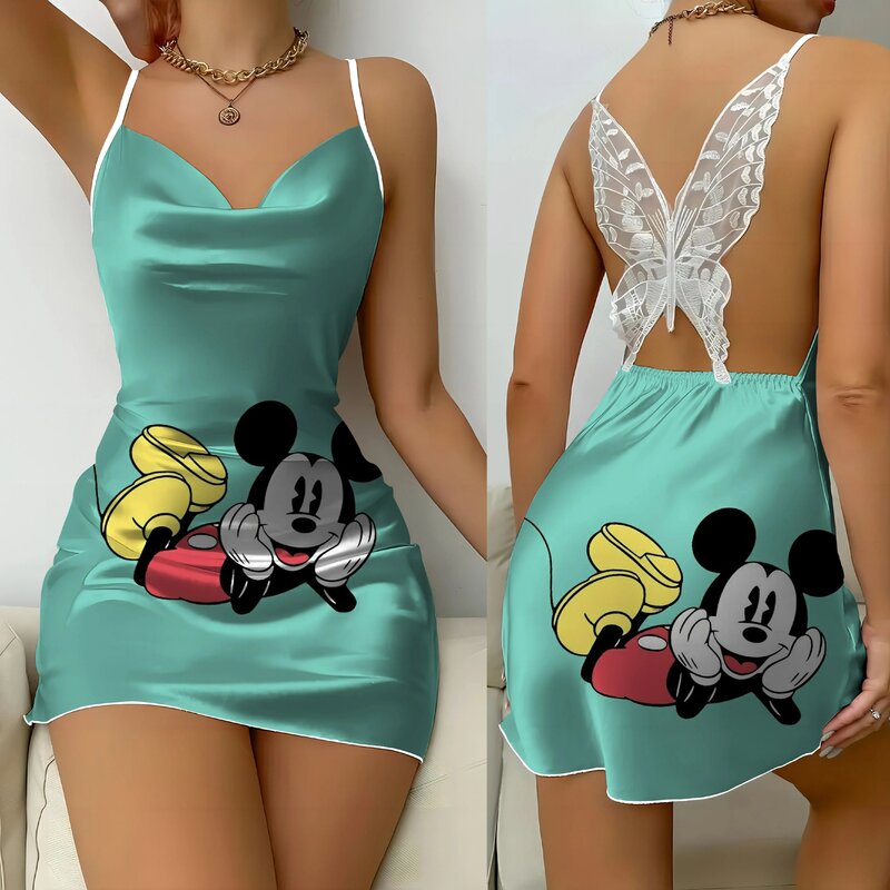Minnie Mouse Bow Knot Pajama Skirt Fashion Summer Dresses 2024 Backless Dress Satin Surface Mickey Disney Womens Party Mini Sexy