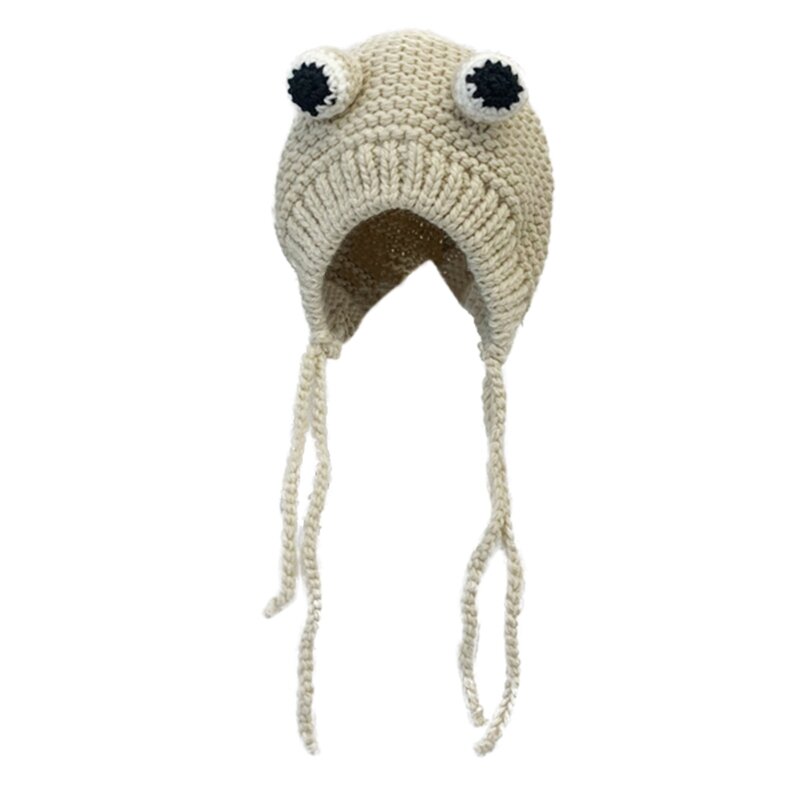 Women Winter Cable Knit Warm Earflap Hat Cartoon for Frog Eyes Windproof Beanie N7YD
