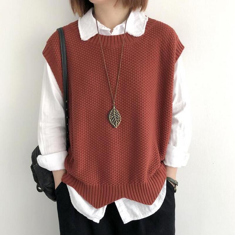 Women Knitted Vest Cozy O Neck Knitted Vest for Women Soft Autumn Winter Waistcoat with Wavy Hem Top Knitwear for Ladies Cozy