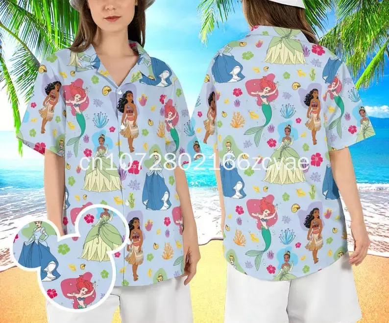 Chemise hawaïenne princesse Disney pour hommes et femmes, chemises à manches courtes pour enfants, chemise de plage, été, nouveau
