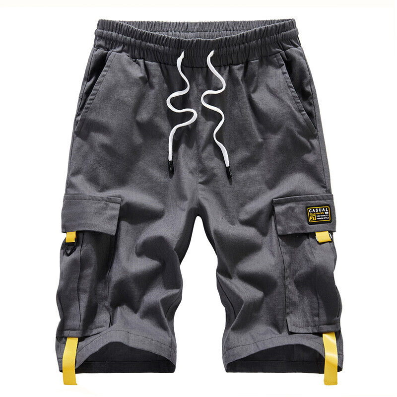 Shorts de algodão tamanho grande masculino, calções de bolso lateral masculino elástico na cintura, calções casuais de carga, verão, preto, tamanho grande, 2024
