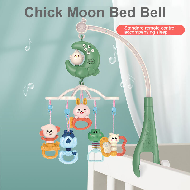 Controle remoto cama sino para bebê, pode ser fixo chocalho, 360 graus de rotação, desenho animado pingente projeção com caixa de música, entretenimento