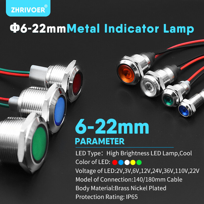 Luz indicadora de advertencia LED impermeable IP67, lámpara de señal de Metal, cable piloto, 3V, 5V, 12V, 24V, 110V, 220V, 6/8/10/12/16/19/22mm, 1 ud.