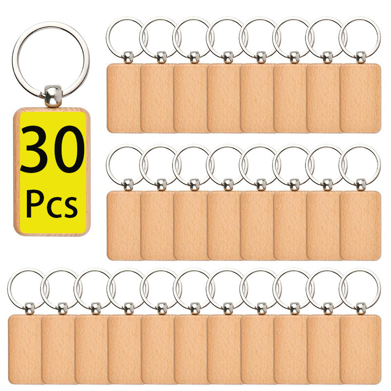 30Pcs Rectangle Wood Keychains Blanks Key Chain Unfinished Wooden Key Ring Blank Key Tag For DIY Gift Crafts