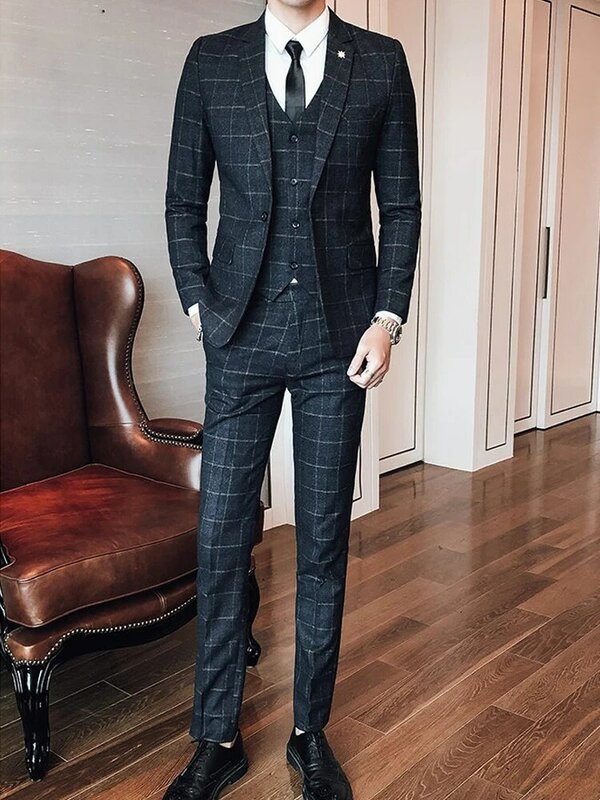 S-5XL Blazer gilet pantaloni Luxury Classic Grid uomo Casual Business Suit Groom Wedding Office Suit giacca maschile gilet pantaloni