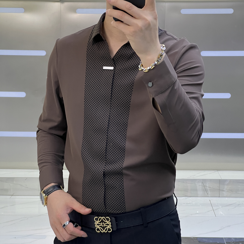 Рубашка мужская приталенная с длинным рукавом, деловой Повседневный усовершенствованный топ с квадратным вырезом, на пуговицах, проветриваемая, в стиле пэчворк, осень