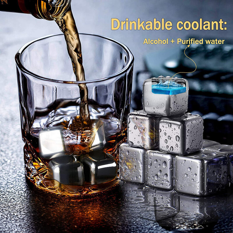 GOALONE 4/6/8Pcs Whiskey Stones Reusable Ice Cubes Stainless Steel Ice Coolers with Tong for Whiskey Vodka Liqueurs Wine Barware