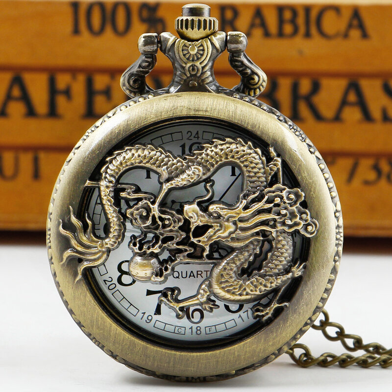 Chinoiserie 3D jam tangan saku kuarsa berongga naga ukiran Koleksi jam antik pria dengan rantai Dropshipping