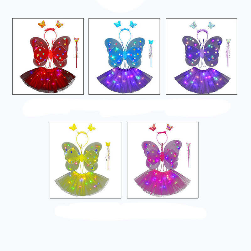 1 Set LED Glowing Fairy Butterfly Wing For Girl Children Costume Light Up Wings Wand Headband Decoration