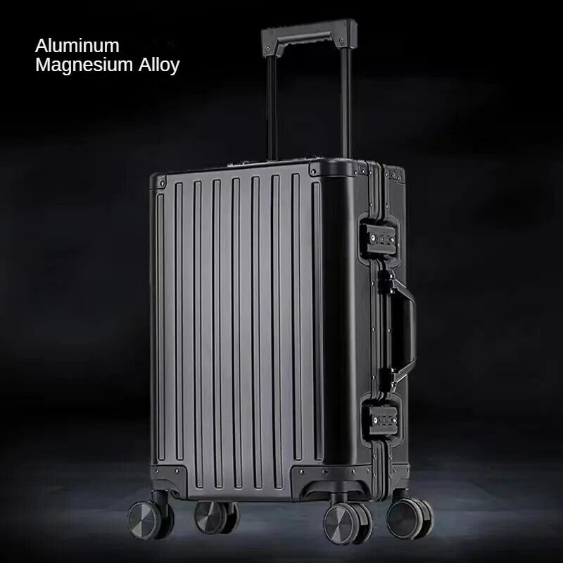 Famose valigie da viaggio interamente in alluminio bagaglio in lega di magnesio Trolley universale con ruote borsa da imbarco da 20 pollici scatola di metallo da viaggio