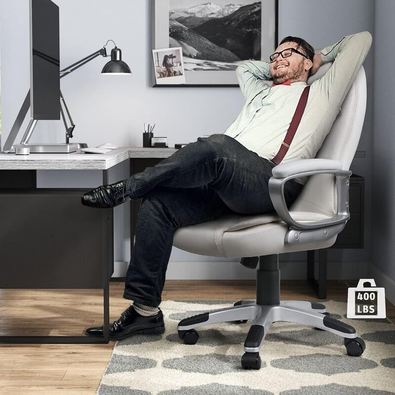 PU Leather Office Desk Chair, Cadeira de Computador Costas Altas, Ergonômico, Altura Ajustável, Cadeiras com Almofadas, Braço, Branco