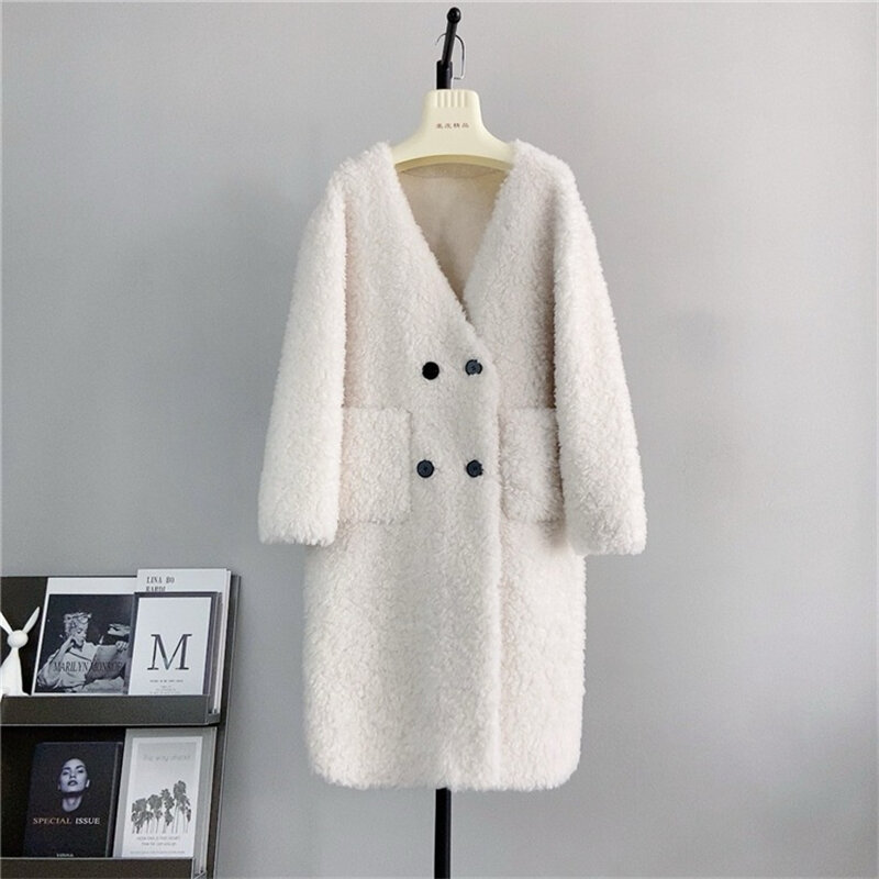 Jaket panjang kerah V, mantel panjang wanita domba, jaket Parka PT439 rambut wol keriting musim gugur dan musim dingin