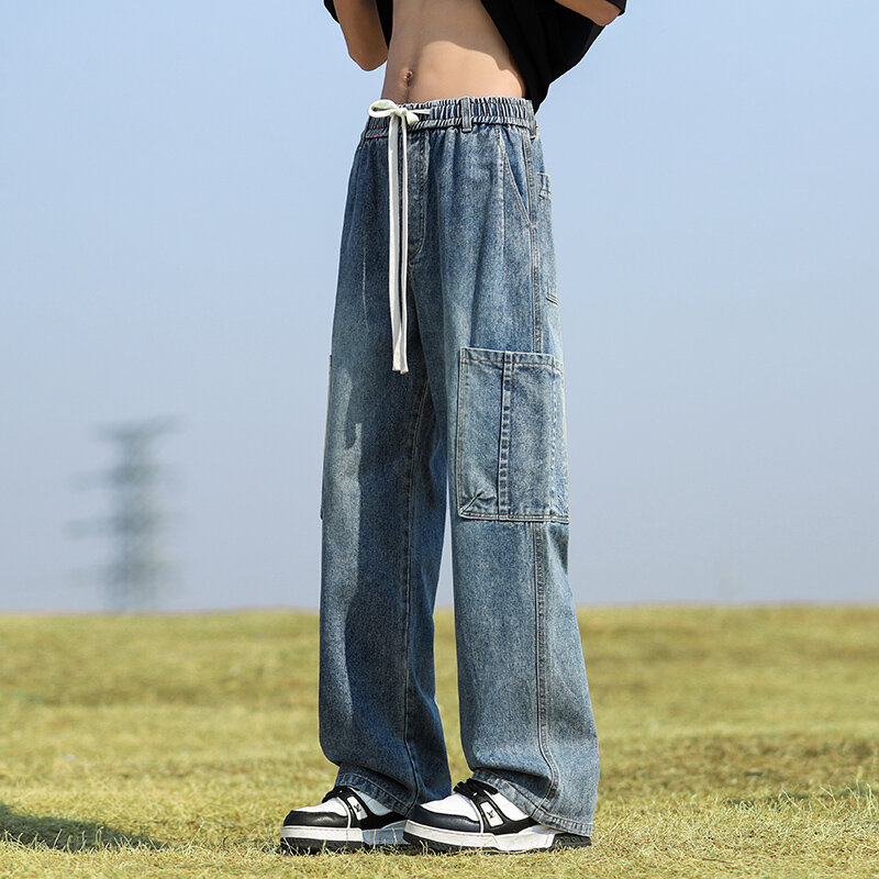 Celana kargo lurus longgar pria, Jeans pinggang elastis saku kaki lebar Musim Semi/panas
