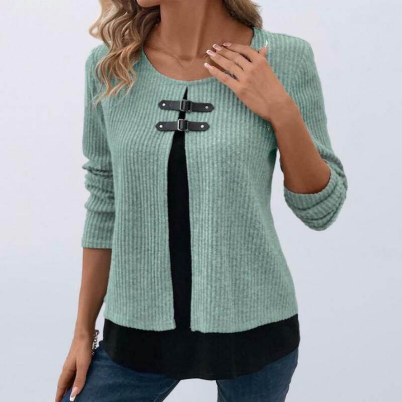 Women Top Knitted Two-piece Women's Blouse with Round Neck Buckle Decor Soft Color Matching Long Sleeve Top for Fall Spring Fake