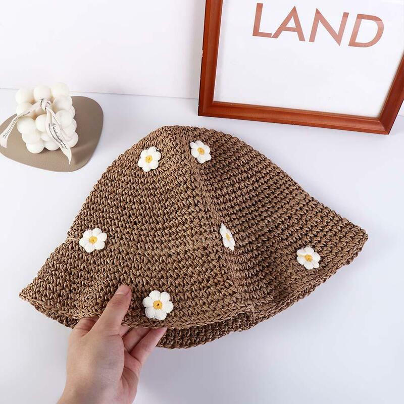 Sombrero plano plegable con protección solar para mujer, gorro bohemio de paja con flores para playa y vacaciones, protección UV