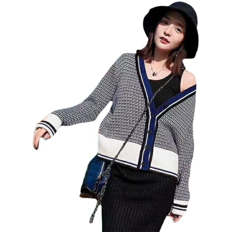 VOLALO nowy 2024 w kratę modne koreańskie w kratkę z dzianiny w stylu Vintage zimowa wiosna swetry damskie swetry