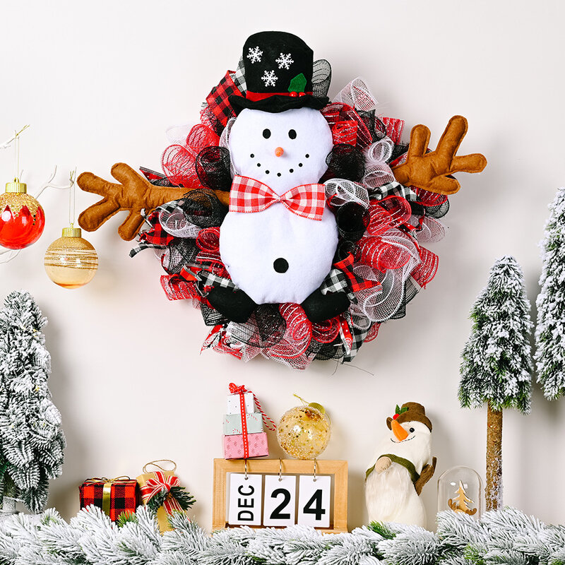 창의적인 크리스마스 블랙 모자 눈사람 리본 화환 장식, 야외 실내 문짝 서스펜션 수제 화환, 파티 장면 소품