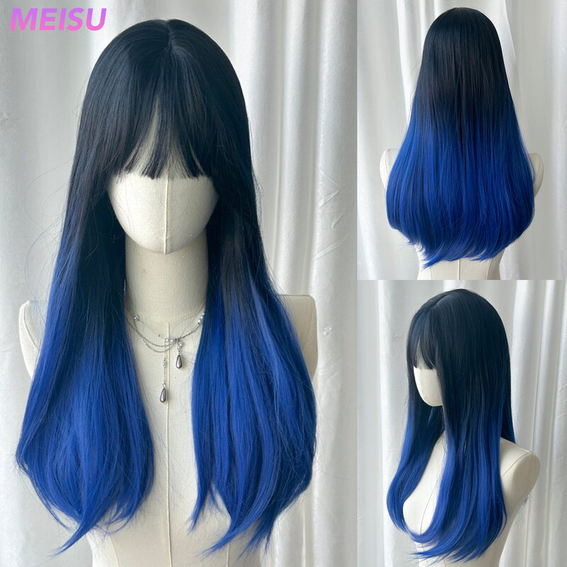 MEISU peruka z prostymi włosami czarna niebieska grzywka 24 Cal peruka z włókna syntetycznego żaroodporna naturalna impreza lub Selfie dla kobiet na co dzień