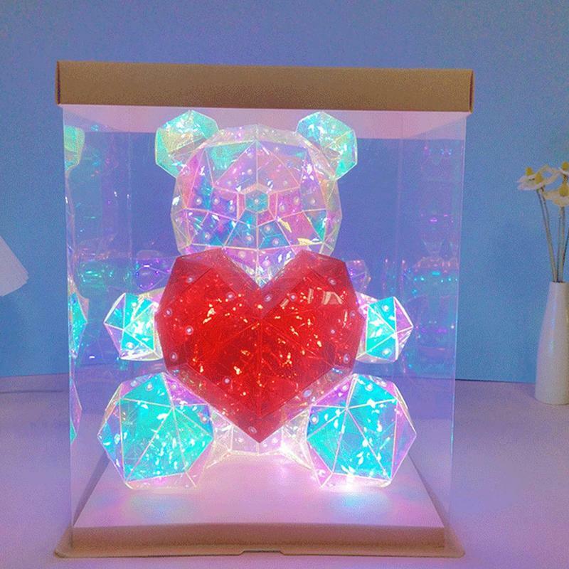 Urso de pelúcia LED colorido brilhante, urso do amor, segurando um coração vermelho, dia dos namorados, aniversário, presente de aniversário, urso rosa para ela