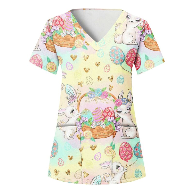 Happy Easter Vrouwen Scrubs Top Korte Mouwen V-hals Pasen Print T Shirts Met Zakken Ontwerpen Rimpel Gratis Zachte Verpleging blouse