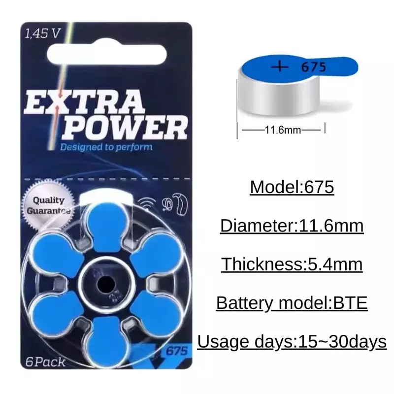 Caja de baterías Extra Power para audífonos, tamaño 675, A675, 1,45 V, azul, PR44, Zinc Air, 60 celdas