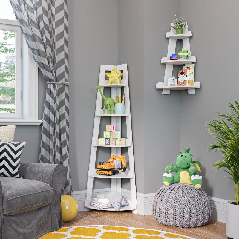 Home Kids Corner Ladder Wall Shelf with 3 Shelves, Corner Floating Shelves,White