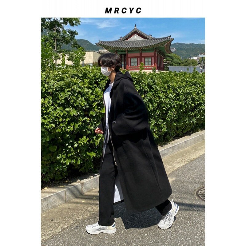 Woolen Coat Men's Autumn and Winter Knee-length Korean Version of The Trend Loose Wild Windbreaker Hooded Coat.