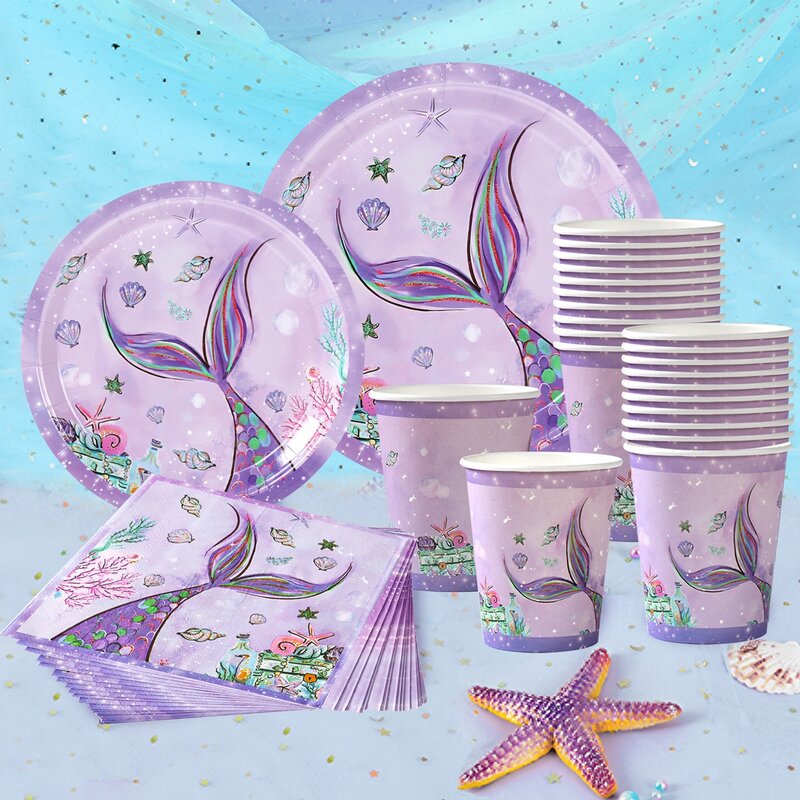 Mermaid Party Disposable Tableware Banner Mermaid Birthday Party Decorations Girl Under the Sea Party Decoration Baby Shower