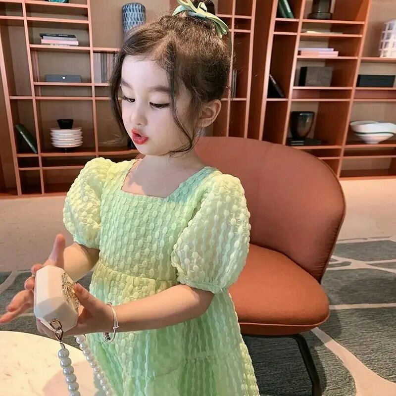 Girls' Baby Short Sleeve Dress 2023 New Summer Children's Open Back Bow Princess Dress Foreign Bubble Sleeve Dress