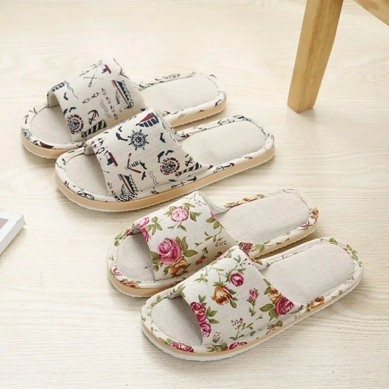 House Linen Slippers Women Floral Autumn Cute Home Couples Indoor Non Slip Funny Sandals Cartoon Kawaii Cat Shoes Flat Flax