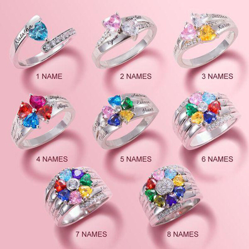 Anillo personalizado con nombre para niños, anillo de color plateado con piedra de nacimiento, regalo de joyería para el día de la madre