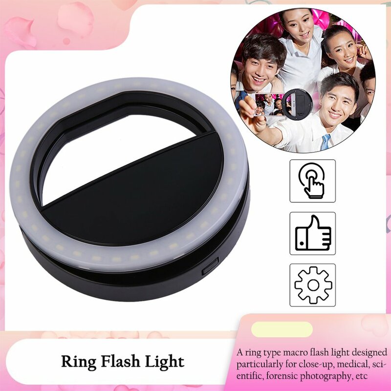 Luz LED anel selfie para telefone, flash automático, luz de preenchimento, câmera clip-on, lâmpada de aprimoramento de vídeo, luz noturna