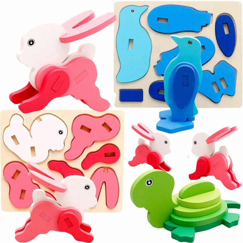 Duck Cartoon Intelligence Game Penguin Rabbit 3D Puzzle Toys Kids Building Block Baby Wooden Puzzle Toy Animals Puzzle Board