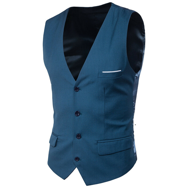 Jaqueta de cavalo sem mangas masculina, colete formal, único Breasted, bolso falso, decote em v, slim fit, tamanho grande, cor sólida