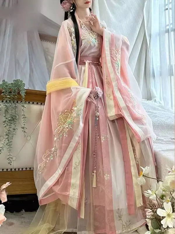 Ancient Traditional Chinese Style Women Elegant Hanfu Dress Fairy Embroider Stage Folk Dance Costume Retro Song Dynasty Clothes