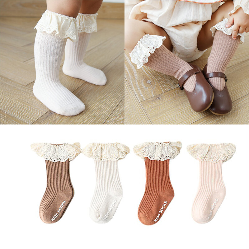 Kaus kaki renda untuk bayi perempuan, kaos kaki bayi baru lahir renda panjang selutut anti selip, aksesori barang bayi kaus kaki lantai