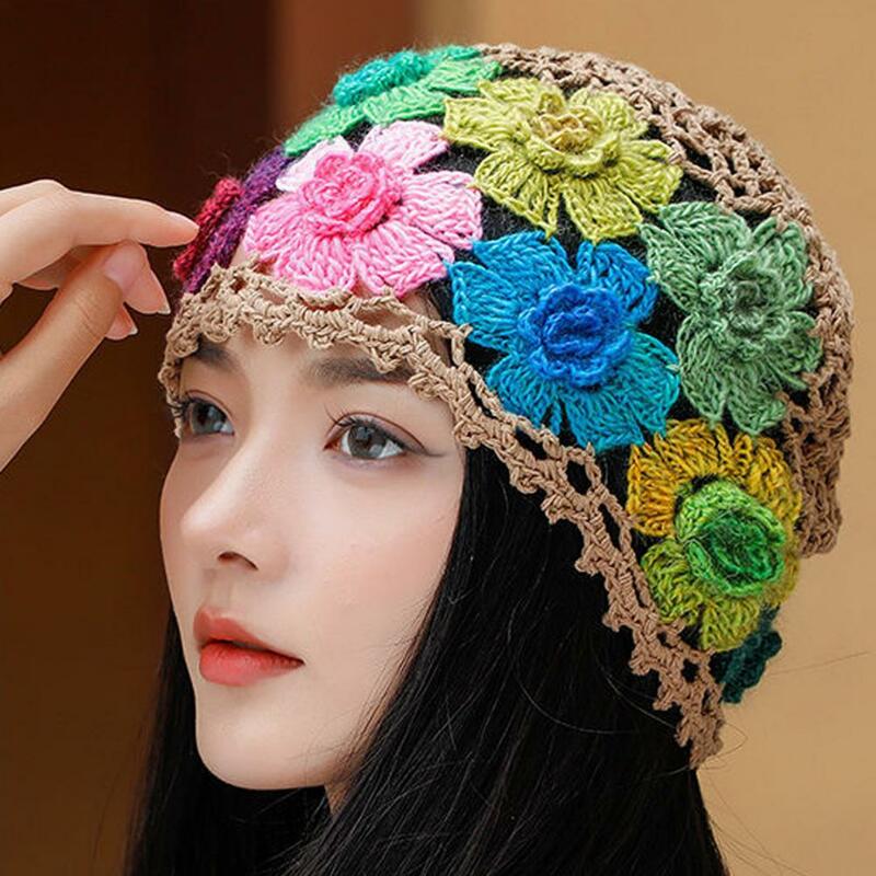 Bonnet d'hiver en tricot léger pour femme, bonnet pare-soleil respirant, évider avec fleur, doux, élégant, voyage en plein air