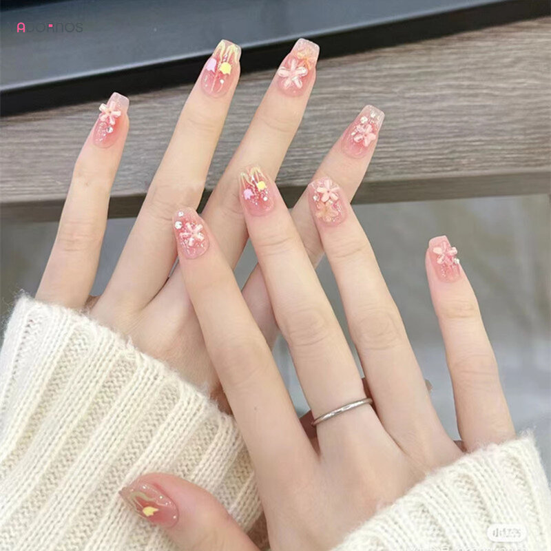 Blush Pink Press on Nails with Tulip Flower Printed Medium Length Fake Nails Full Cover Wearable False Nail Tips for Women Girls