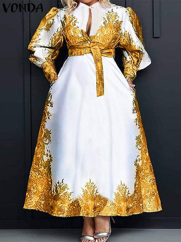 Plus Size 5XL VONDA Elegant Dress Women Summer Long Sleeve Belted Printed Maxi Long Dress Buttons Vintage Casual Robe Femme