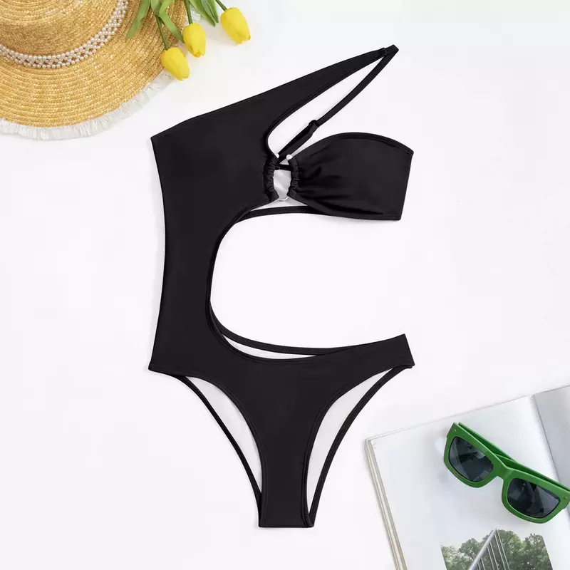 Bikini liso de una pieza para mujer, traje de baño de una pieza con un hombro descubierto, ropa de playa de verano, 2024