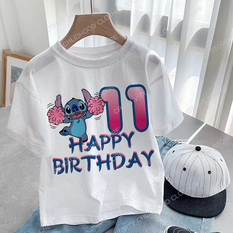 Camiseta infantil de anime Lilo & Stitch, camiseta kawaii, tops de desenhos animados, camiseta infantil, roupa casual, aniversário número 1-14, menino, menina, novo