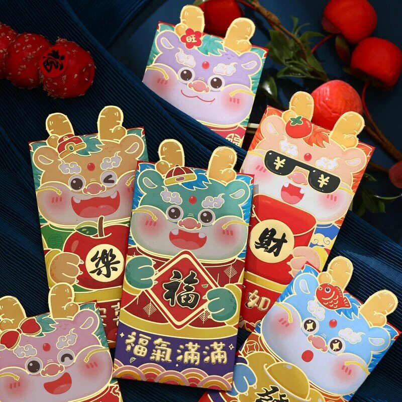 6 Stks/set Rode Enveloppen Schattige Draak Hongbao Voor 2024 Nieuwjaar Lentefestival Rode Zakken Geluksgeld Pakjes Cartoon Geschenkzak