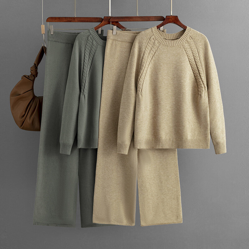 Комплект из двух предметов, женский топ и брюки, осень/зима 2024, однотонный вязаный свитер, комплекты свободных брюк с широкими штанинами, пижама, женская уличная одежда