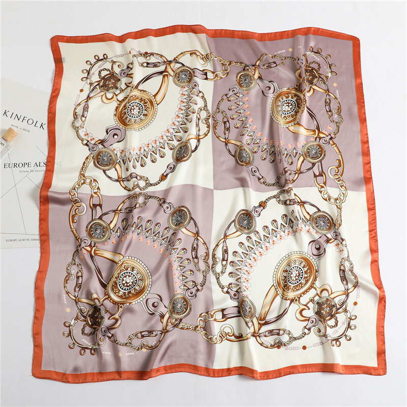 Lenço quadrado de seda Bandana de luxo para mulheres, xale cetim, envoltório Hijab, lenços femininos, faixa de cabelo, lenço de pulso, 90x90cm, 2024