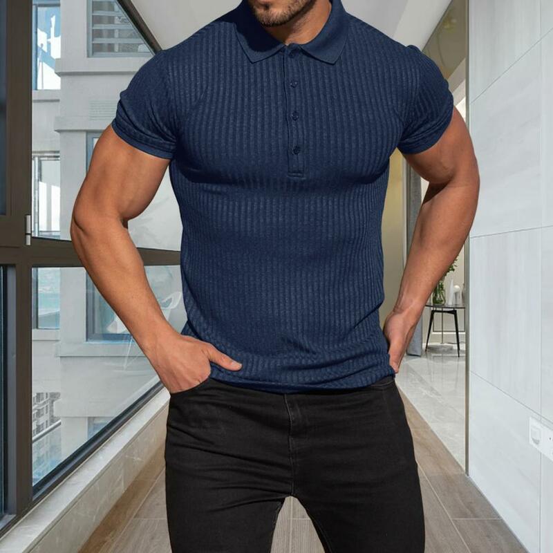 Männer Sport Top einfarbig Revers Knopf Slim Fit Pullover Workout elastischen Streifen atmungsaktive Kurzarm Sommer hemd männliche Kleidung