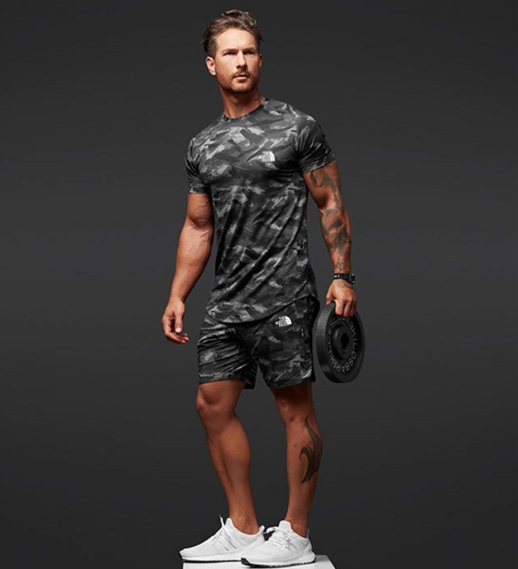 Men's short sleeved set, summer new fitness running casual camouflage sportswear two-piece set