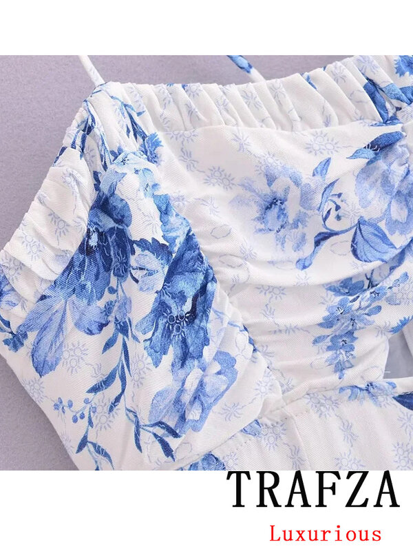 TRAFZA gaun Vintage wanita, Gaun pantai panjang Chic Musim Panas 2024 Vestidos lurus tanpa lengan ritsleting kasual cetak
