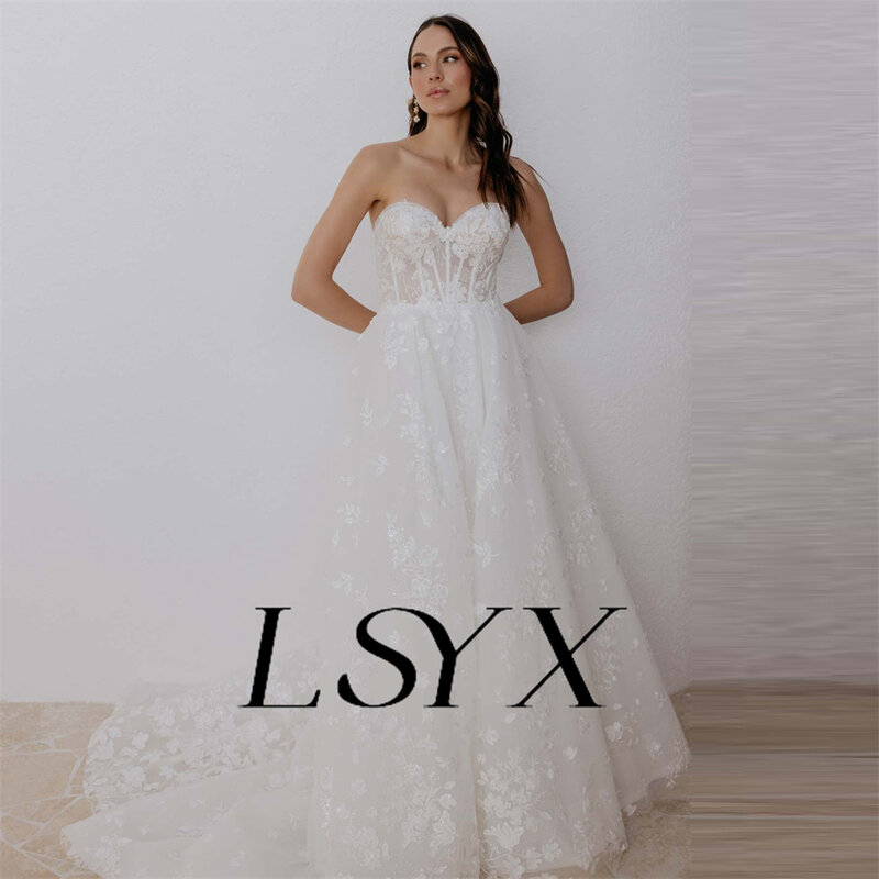 Lsyx-Sweettheat appiquesチュールAラインウェディングドレス、ハイサイドサイドスリット、ジッパーバック、床の長さ、カスタムブライダルガウン、エレガントなチュール