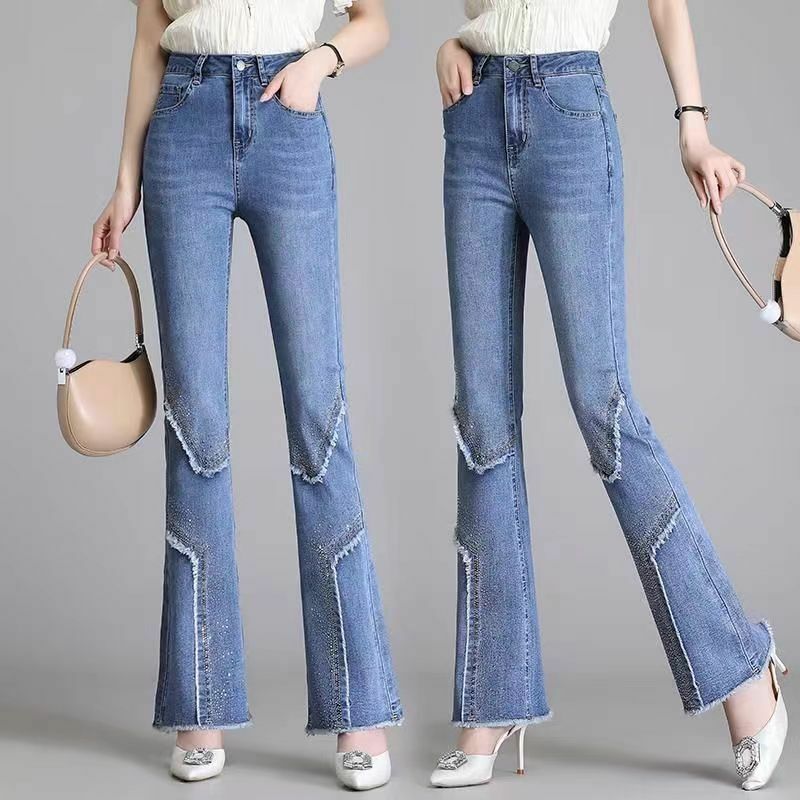 Biurowa damska Casual dżinsy dzwony wiosna jesień koreańska moda Y2k prasowanie brzegów wysoka talia szczupła prosta spodnie dżinsowe