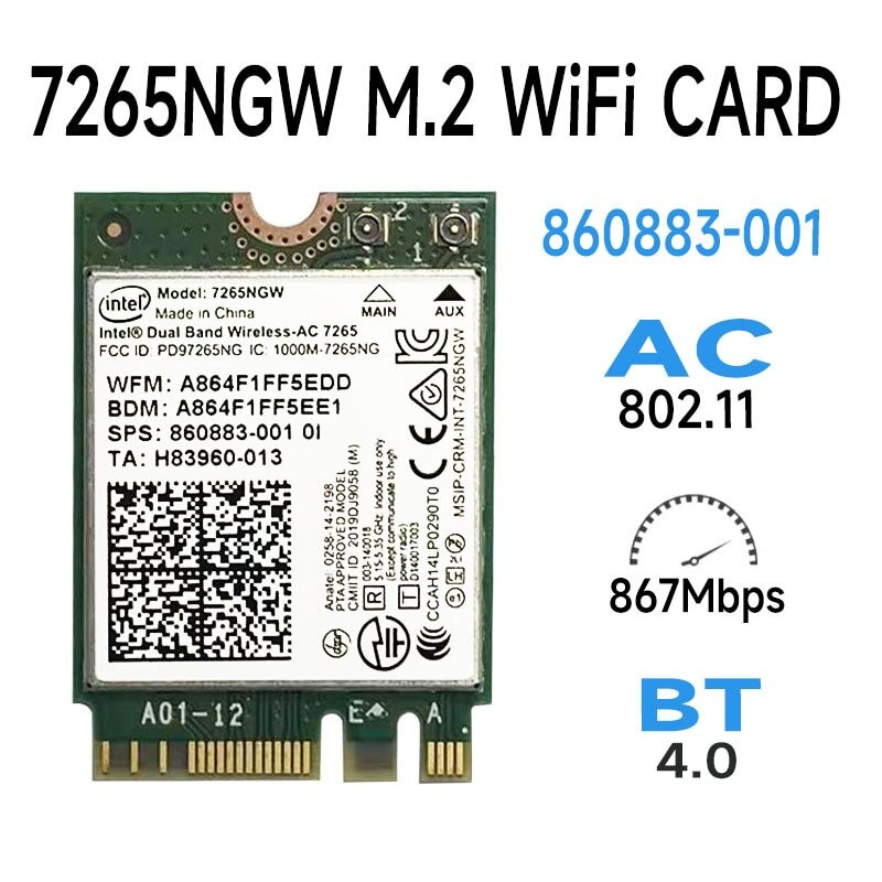 Kartu WIFI Dual Band, nirkabel-ac 7265 7256NGW 802.11AC 867Mbps Wi-Fi + Bluetooth 4.0 NGFF M.2 WLAN kartu WIFI intel 7265